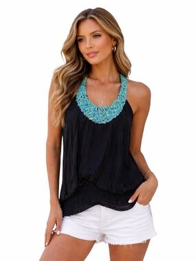 Bebe Turquoise Embellished Black Silk Razorback Tank XXS